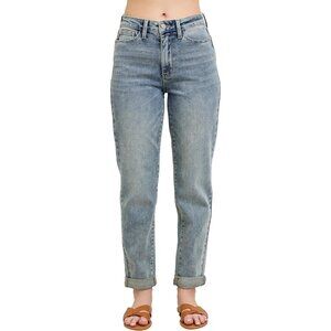 Womens Jeans High Waisted Boyfriend Cuffed Vintage Wash Zipper Closure